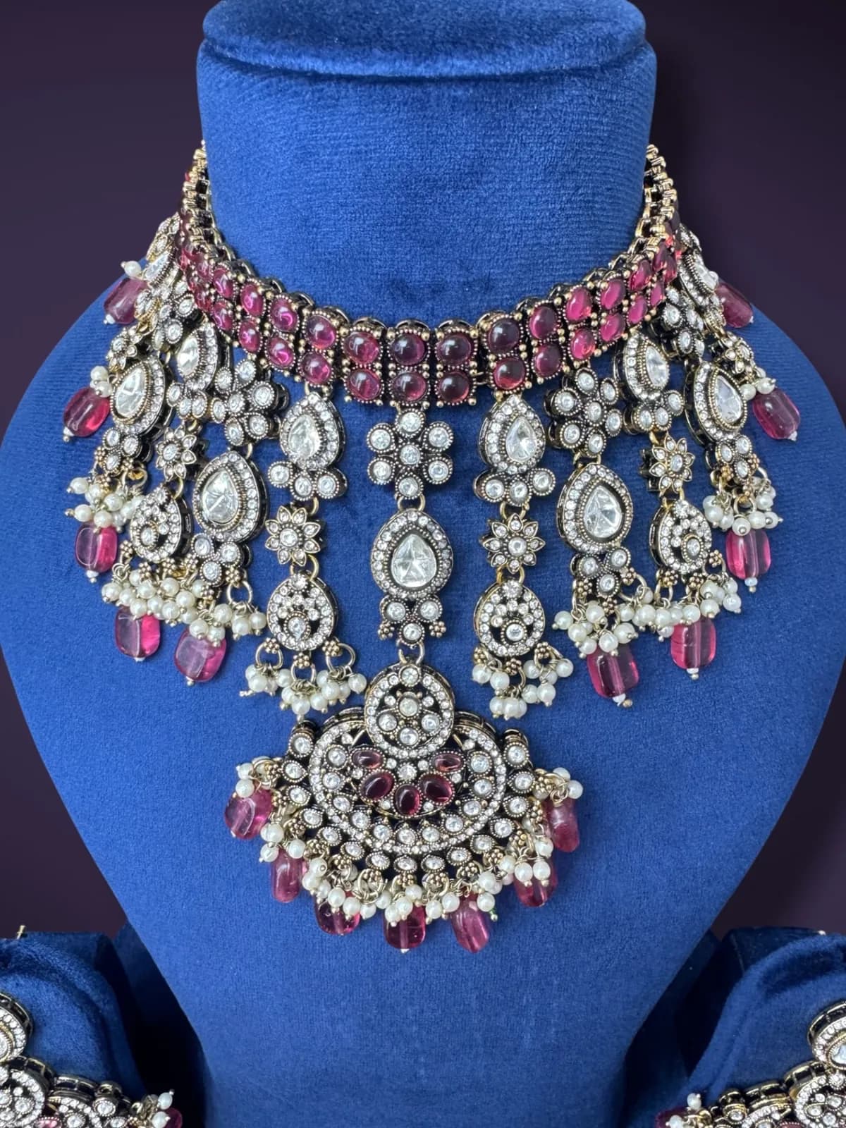 Traditional Kundan Stone Studded Bib Necklace Set with Pearl Drops - View 2