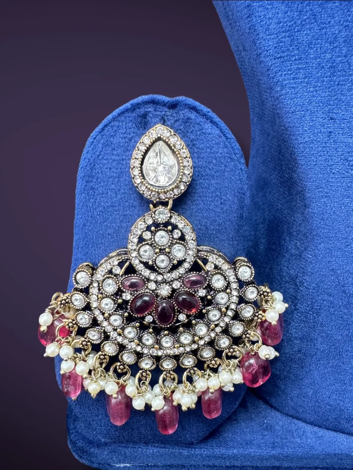 Traditional Kundan Stone Studded Bib Necklace Set with Pearl Drops - View 3