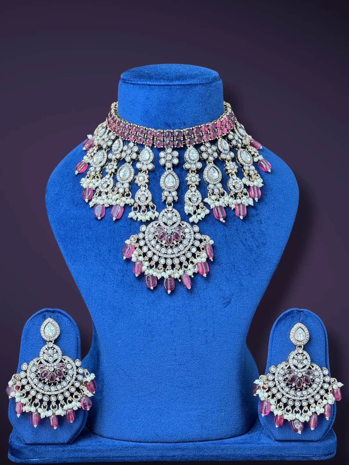 Traditional Kundan Stone Studded Bib Necklace Set with Pearl Drops