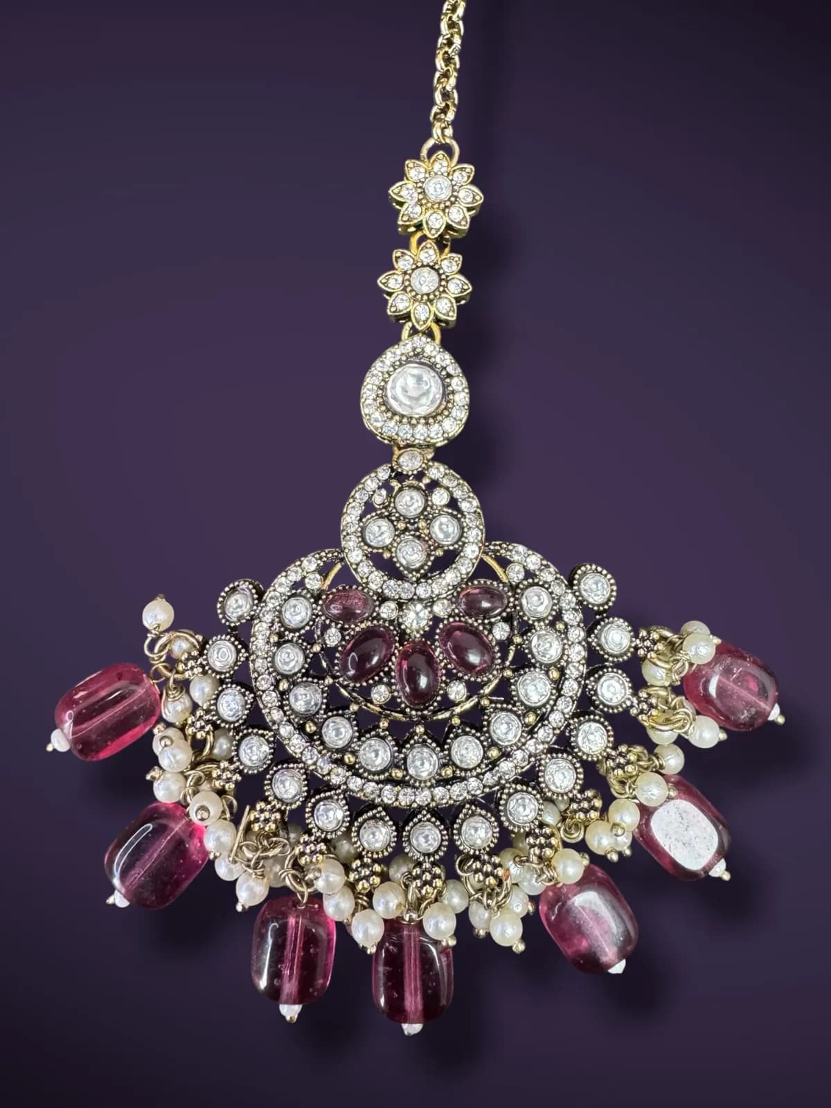 Traditional Kundan Stone Studded Bib Necklace Set with Pearl Drops - View 5