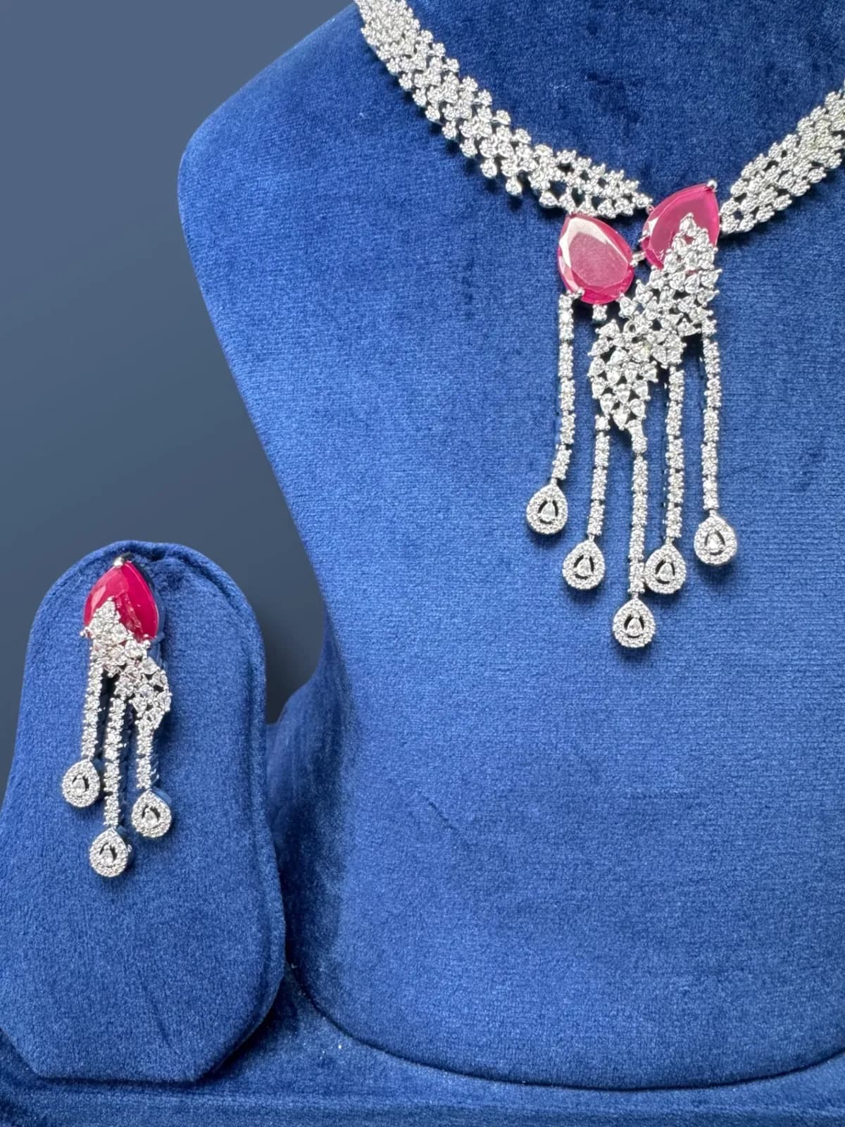 American Diamond Center Drop Necklace Set with Dangling Layers - View 2