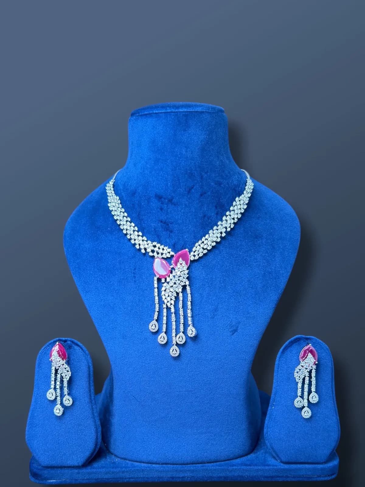 American Diamond Center Drop Necklace Set with Dangling Layers