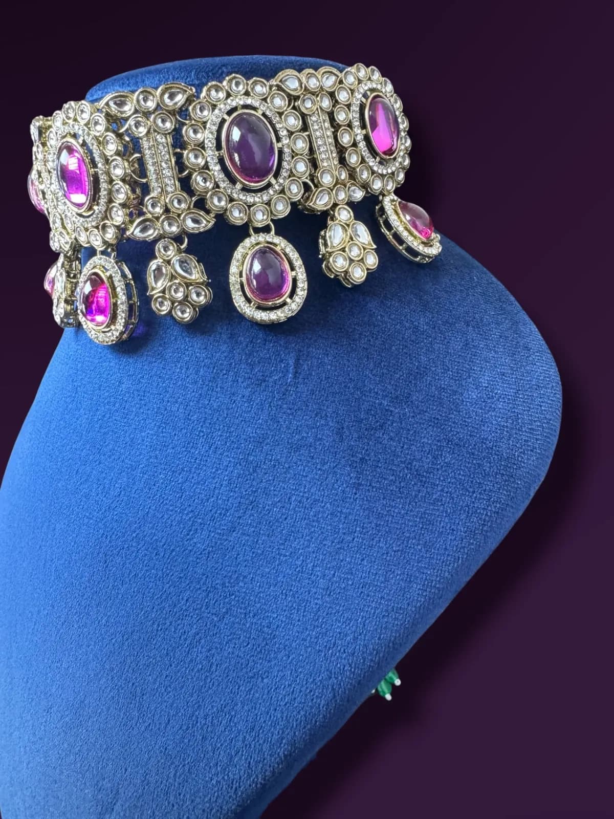 Handcrafted Kundan Cabochon Collar with Majestic Tiered Drops - View 3