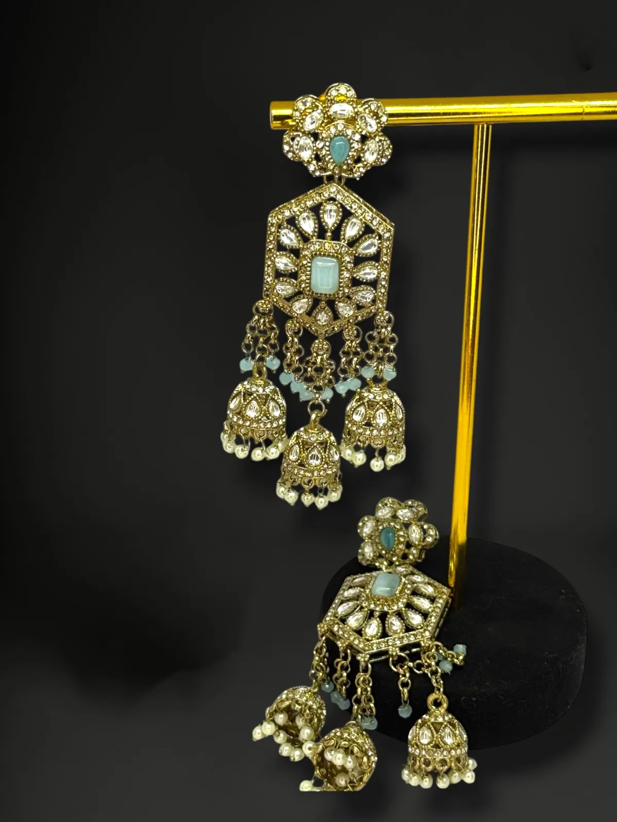 Polki Jhumka Dangler Earrings with Filigree and Bead Drops - View 2