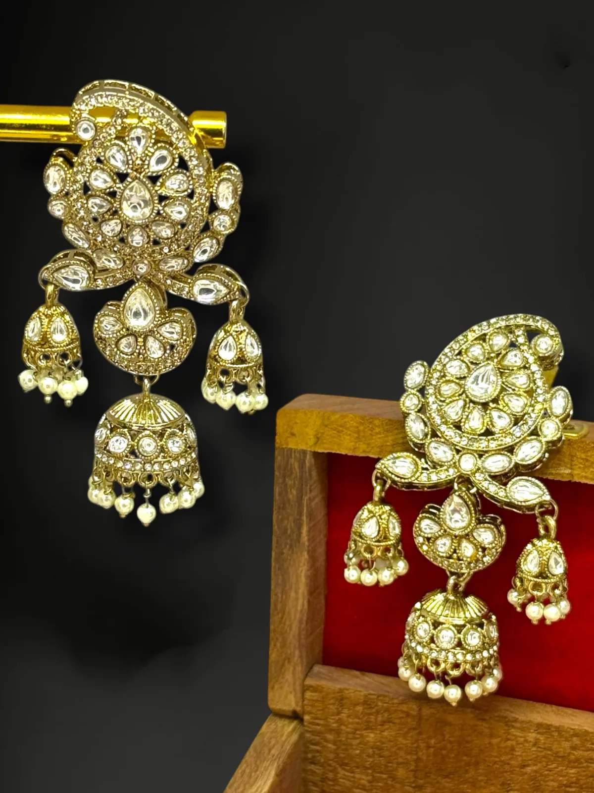 Kundan Jhumka Dangler Earrings with Pearl Drop Detailing - View 2