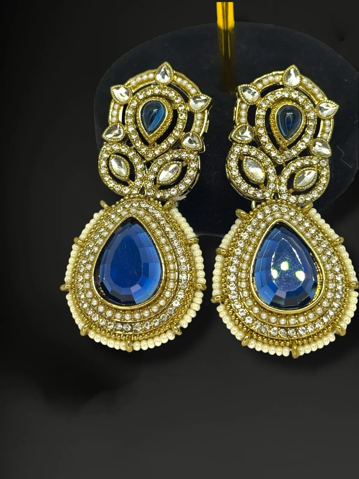 Artisanal Kundan Teardrop Statement Earrings with Seed Pearl Trim - View 2