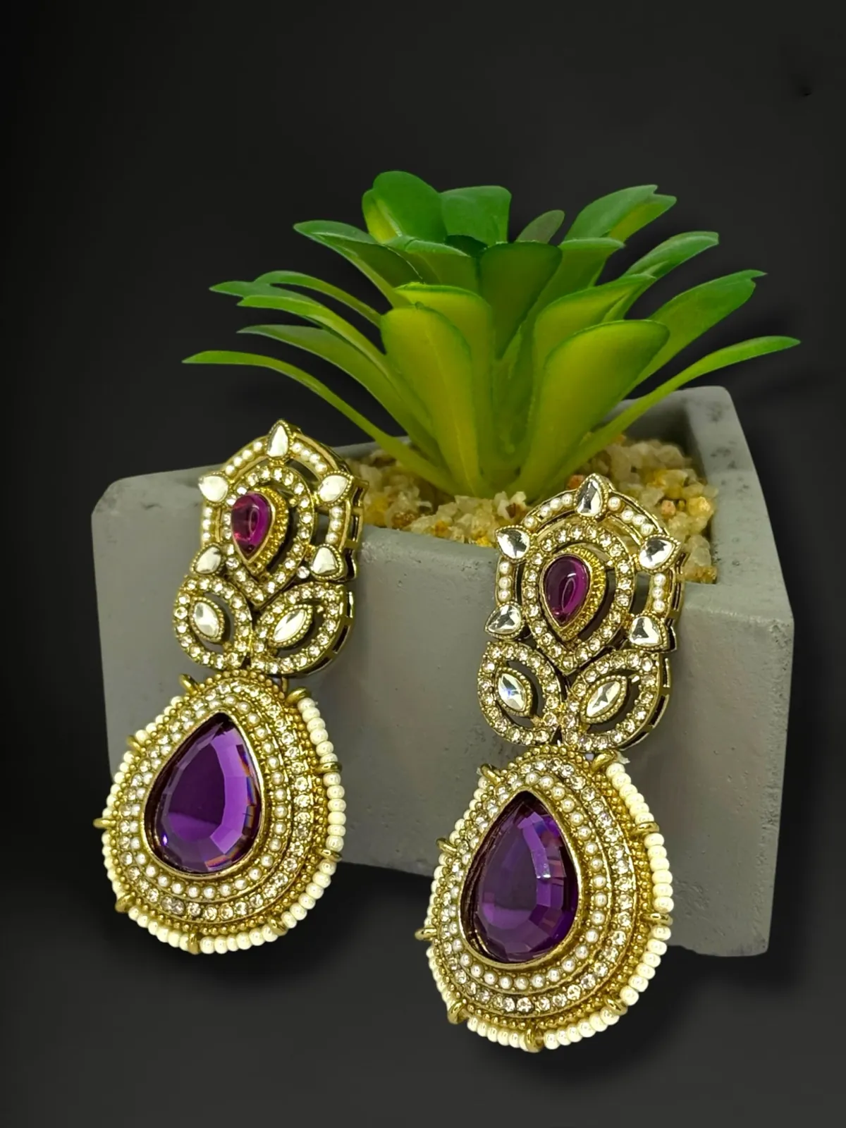 Artisanal Kundan Teardrop Statement Earrings with Seed Pearl Trim - View 2