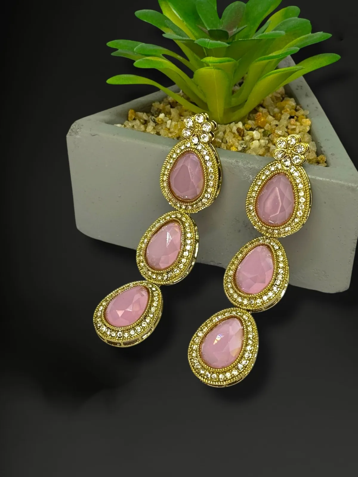 Luxe Triple Tiered Teardrop Drop Earrings with Halo Border - View 2