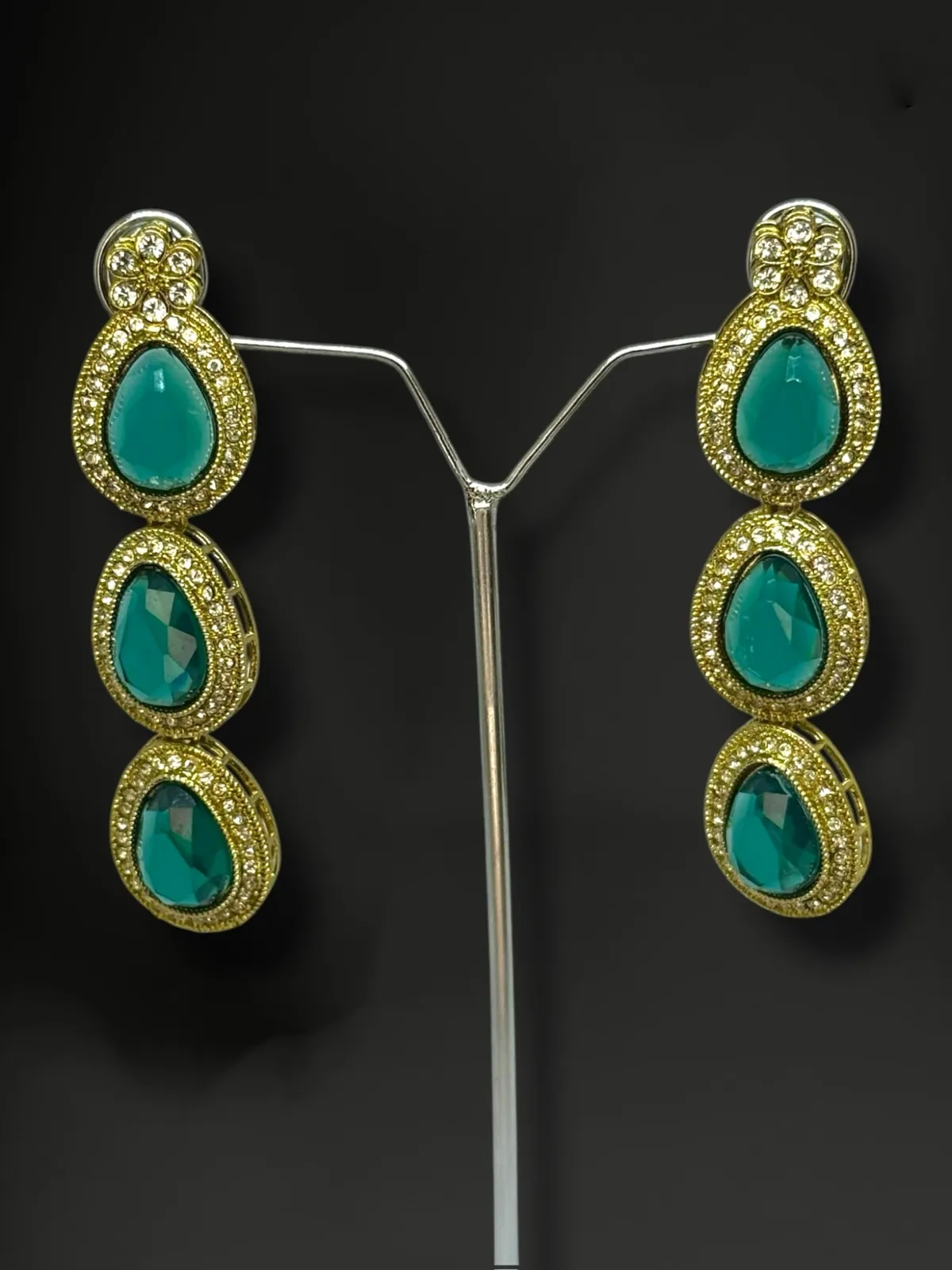 Luxe Triple Tiered Teardrop Drop Earrings with Halo Border - View 2