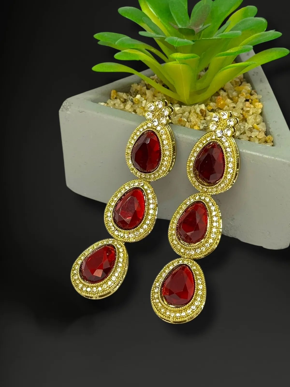 Luxe Triple Tiered Teardrop Drop Earrings with Halo Border - View 3