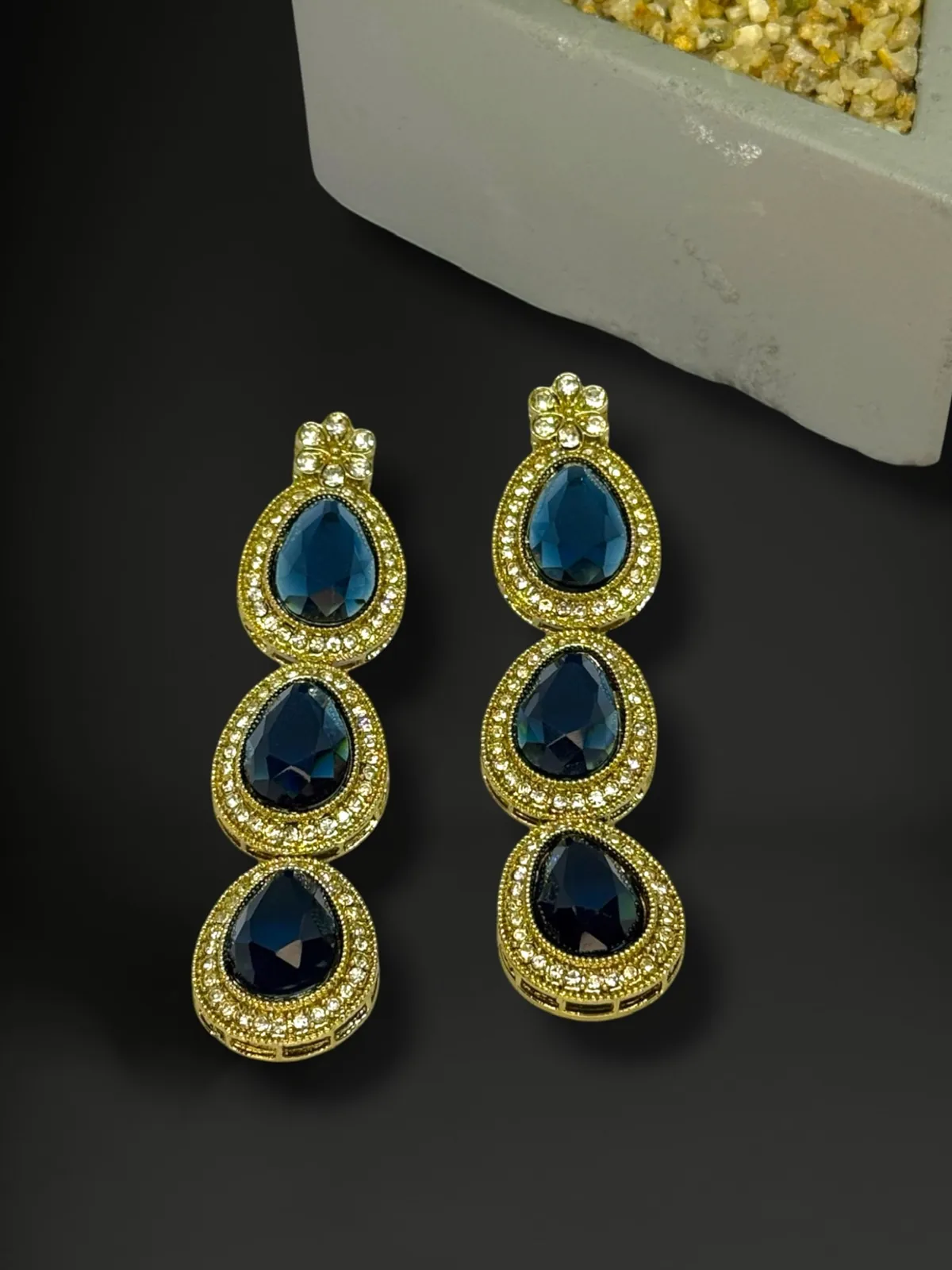 Luxe Triple Tiered Teardrop Drop Earrings with Halo Border - View 2