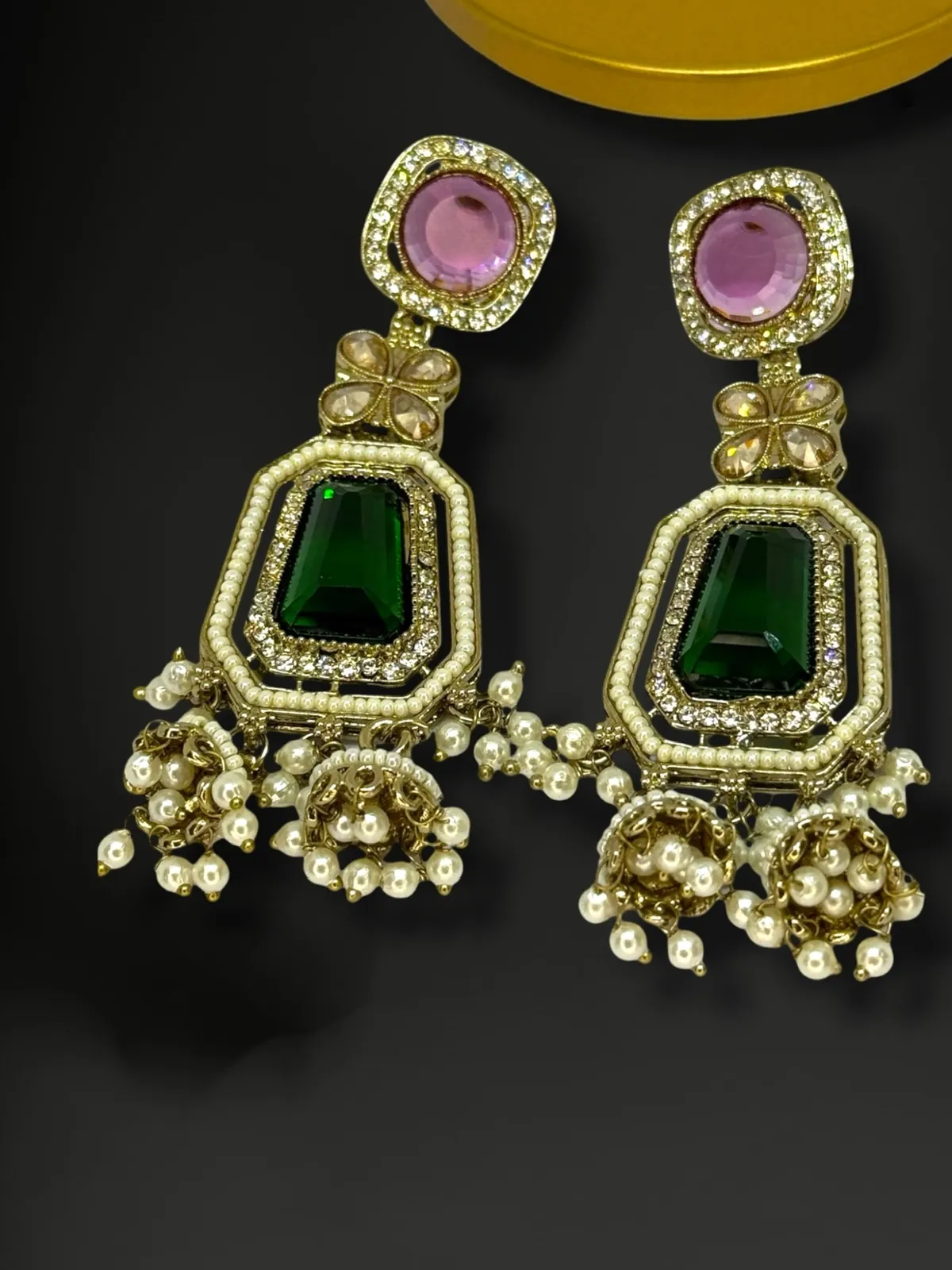 Designer Fusion Square-Top Jhumkas with Radiant Stone Acce - View 2