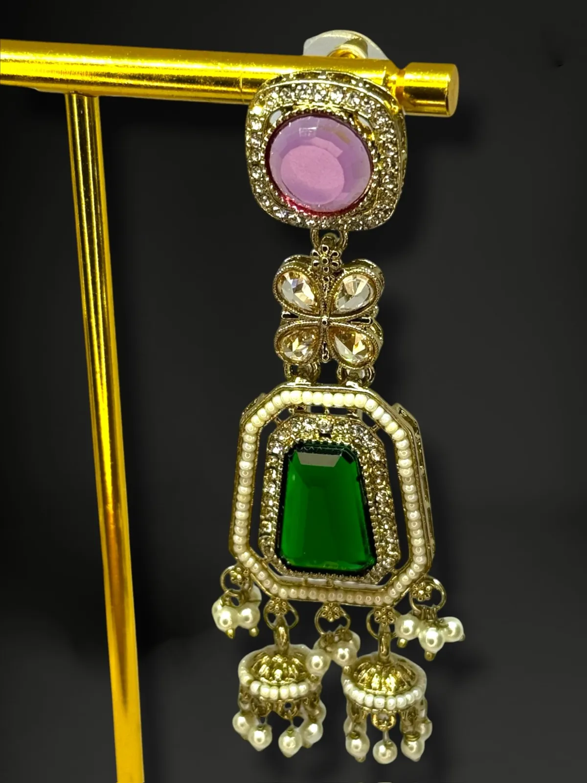 Designer Fusion Square-Top Jhumkas with Radiant Stone Acce - View 3