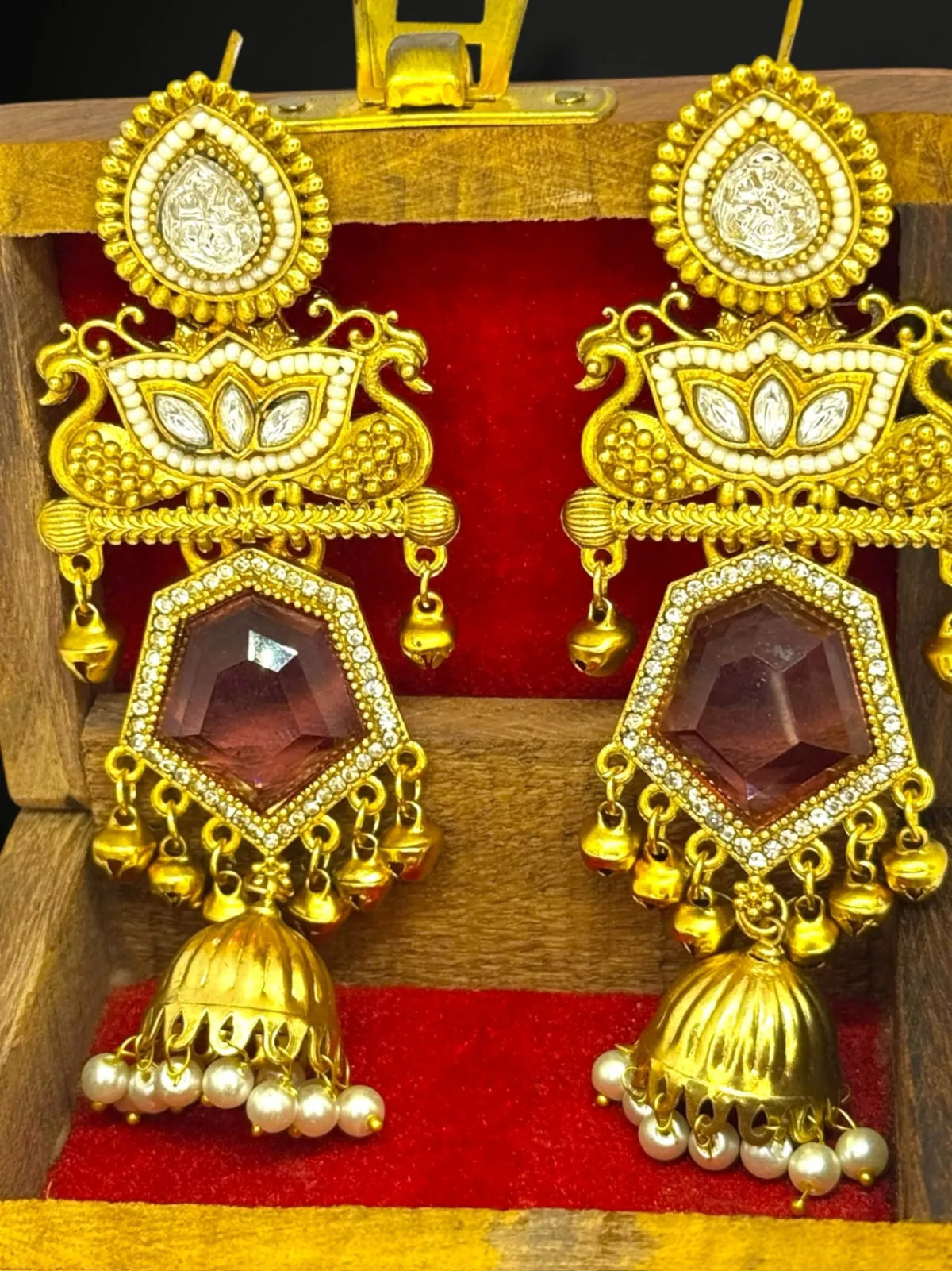 Luxe Geometric Floral Drop Earrings with Pave Halo Detail - View 2