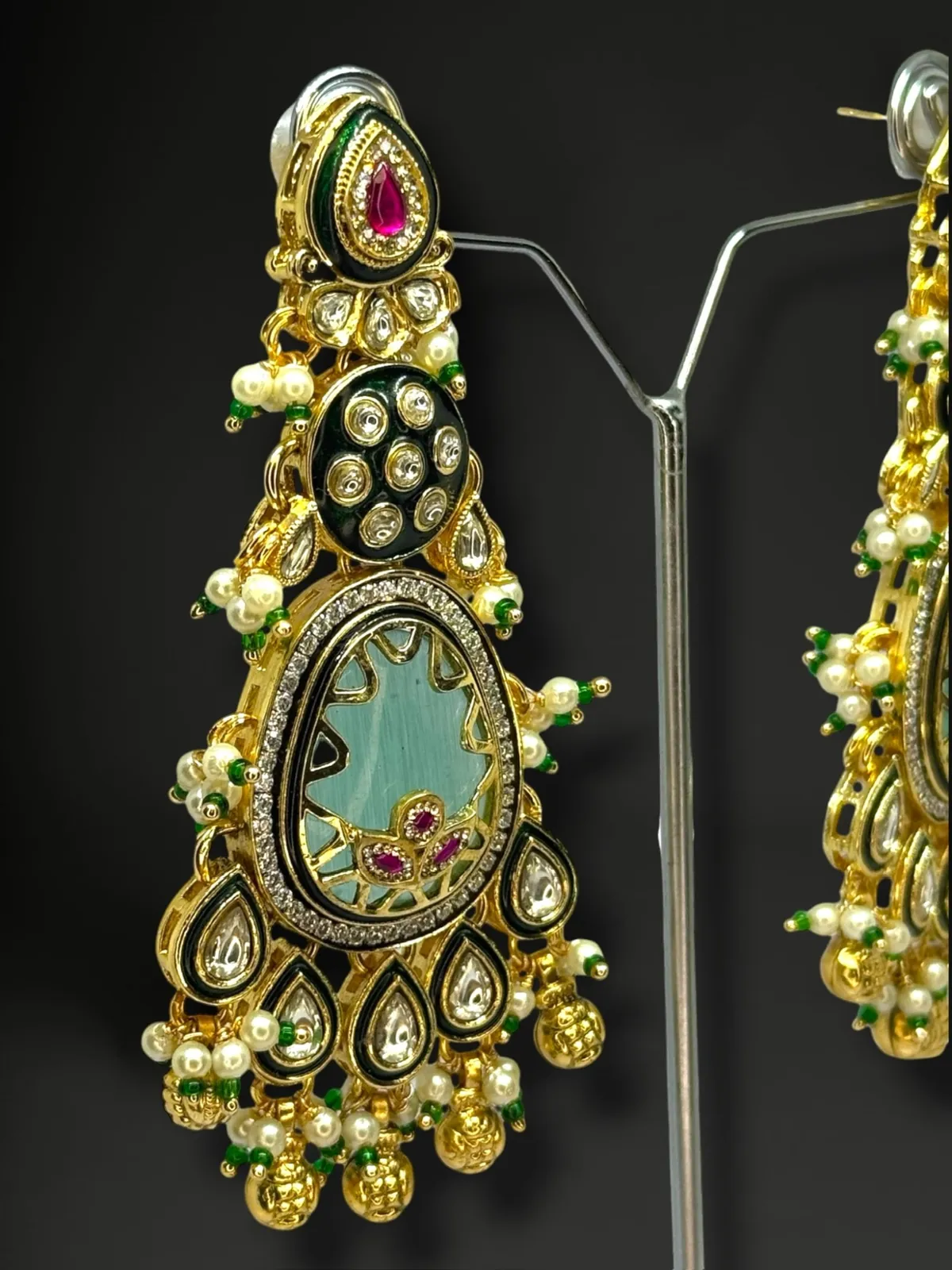 Sabyasachi-Inspired Pista Meenakari Earrings with Pearl Drips - View 2