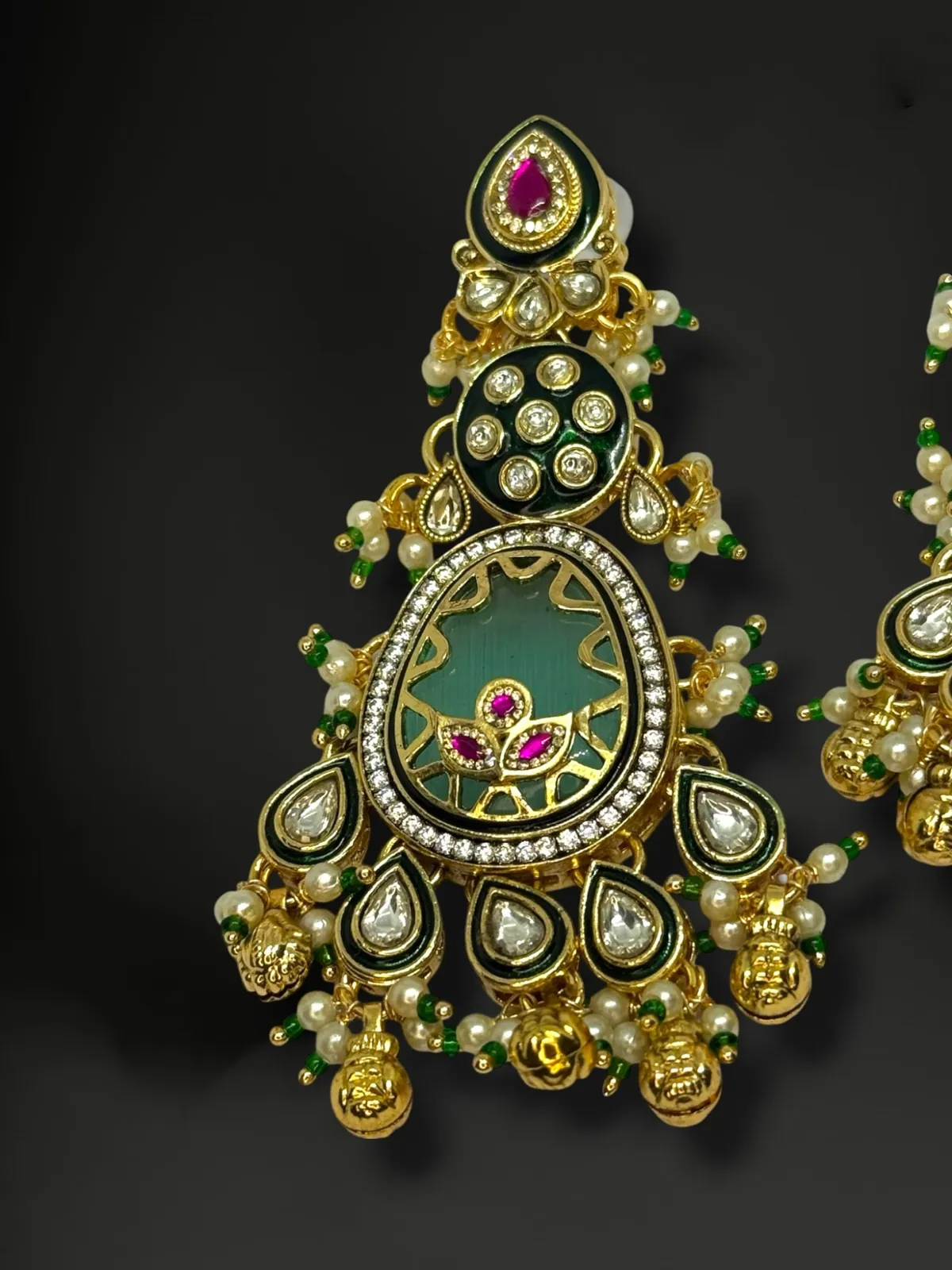 Sabyasachi-Inspired Pista Meenakari Earrings with Pearl Drips - View 3