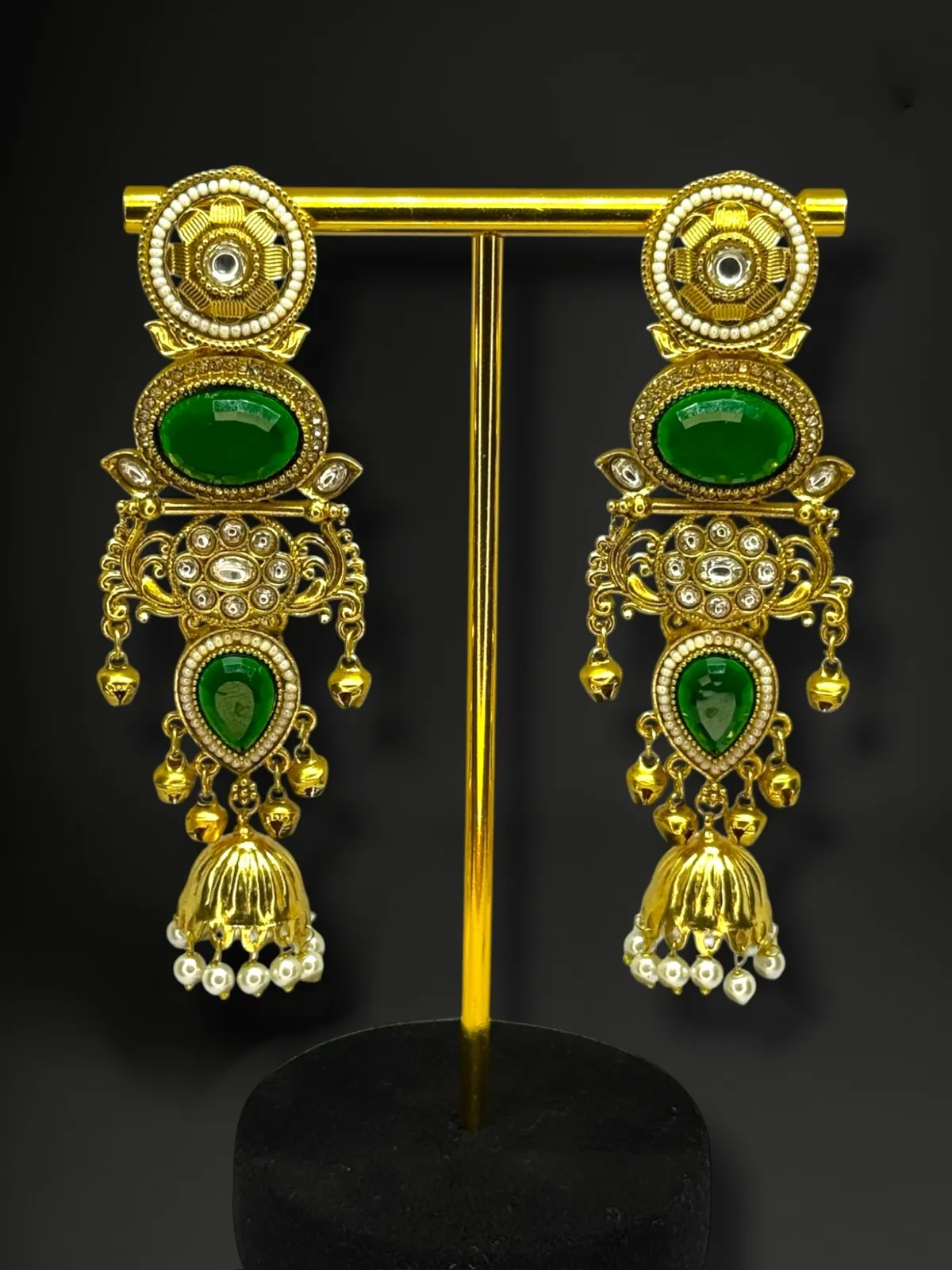 Artisanal Temple-Style Geometric Jhumkas with Pearl Drop Fringe