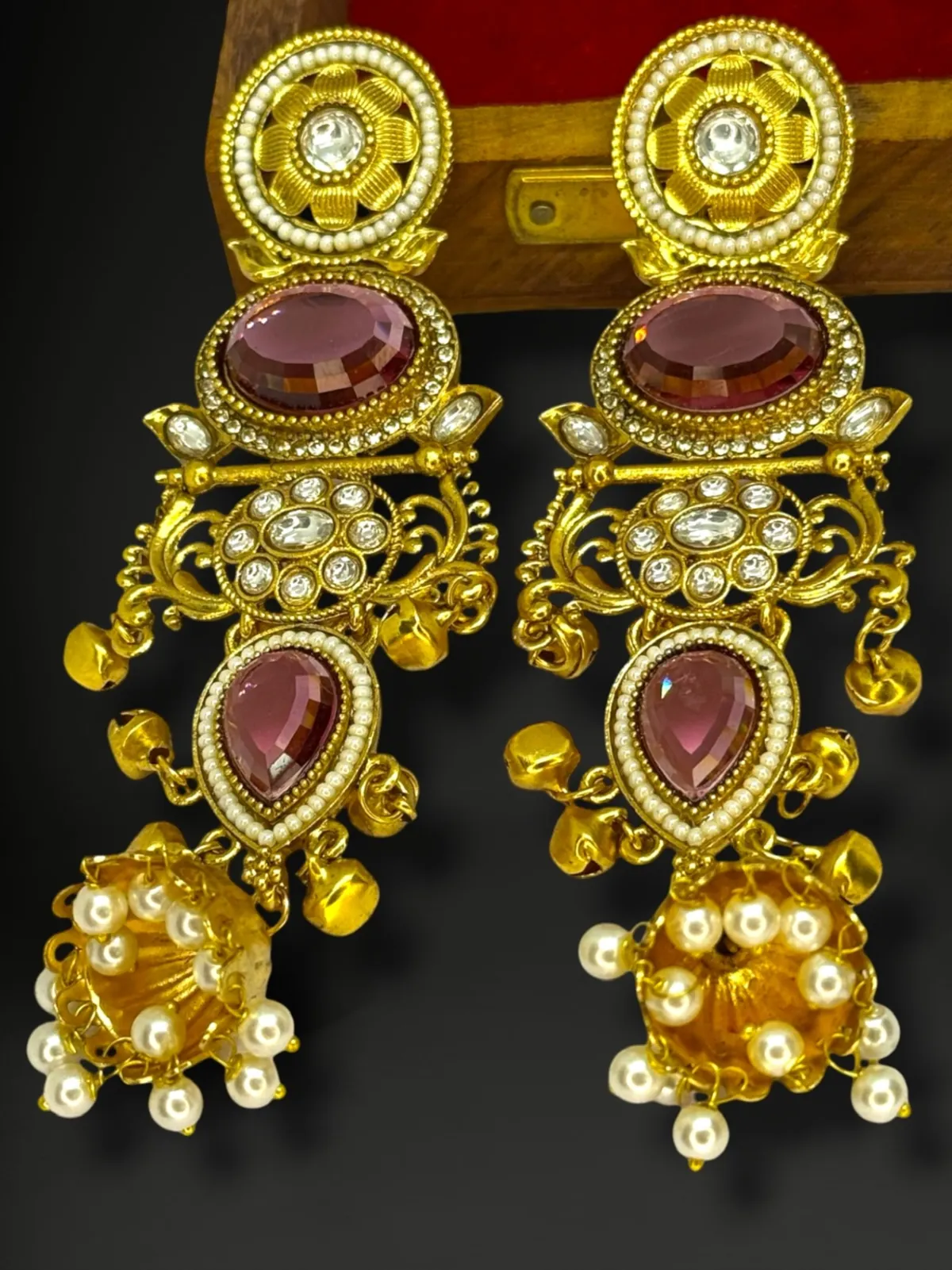 Artisanal Temple-Style Geometric Jhumkas with Pearl Drop Fringe