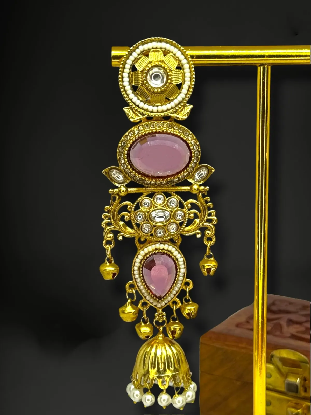 Artisanal Temple-Style Geometric Jhumkas with Pearl Drop Fringe - View 2
