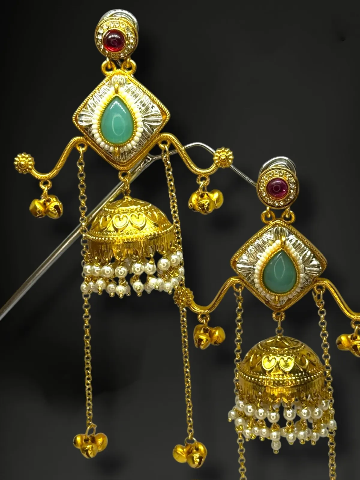 Artisanal Kundan Square-Top Jhumkas with Pearl Fringe - View 2