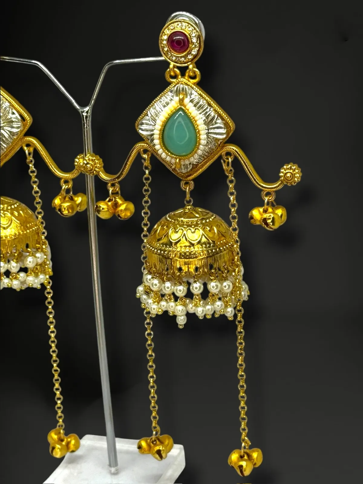 Artisanal Kundan Square-Top Jhumkas with Pearl Fringe - View 3