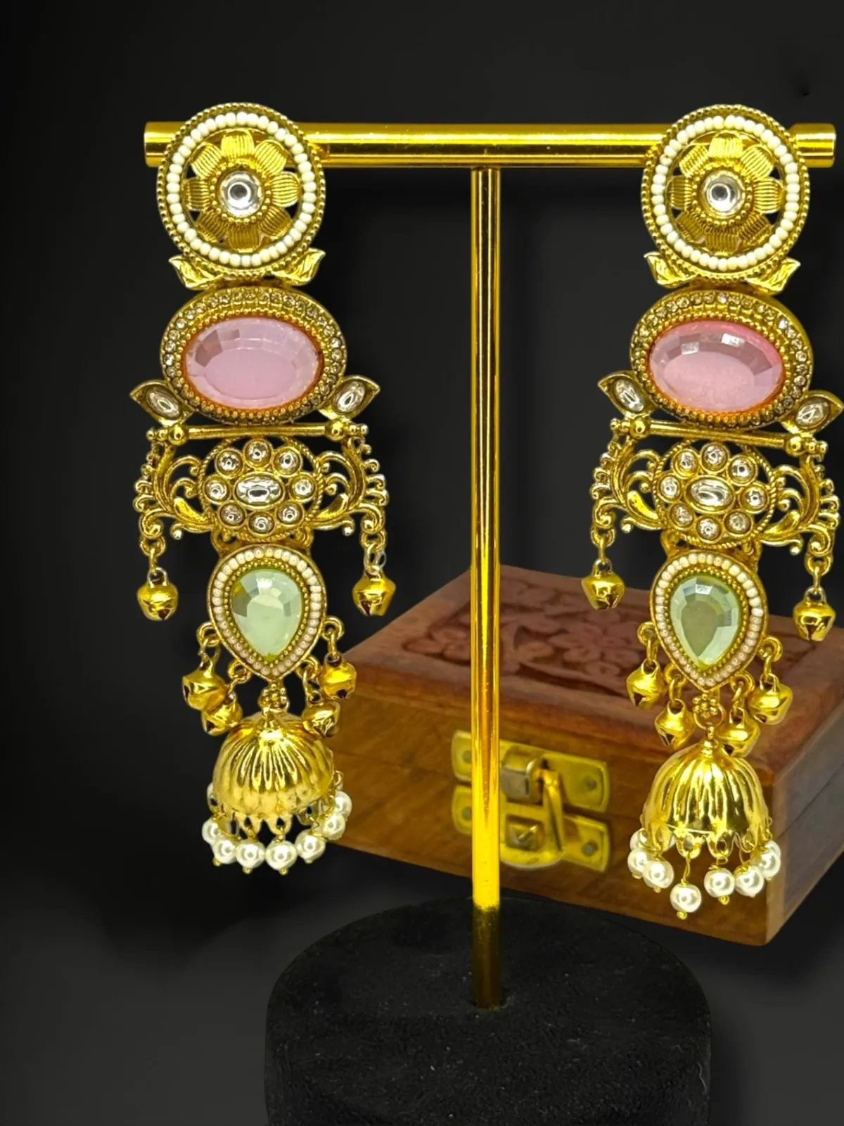 Artisanal Temple-Style Geometric Jhumkas with Pearl Drop Fringe