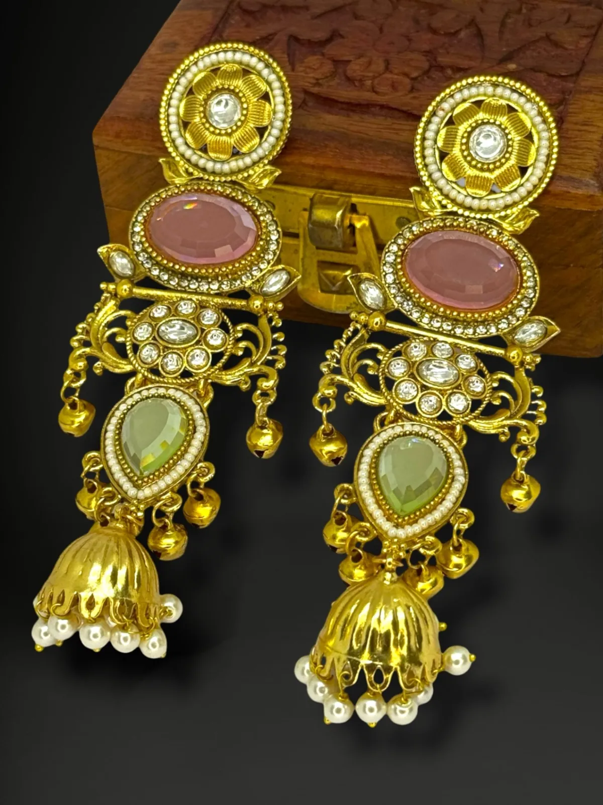 Artisanal Temple-Style Geometric Jhumkas with Pearl Drop Fringe - View 2