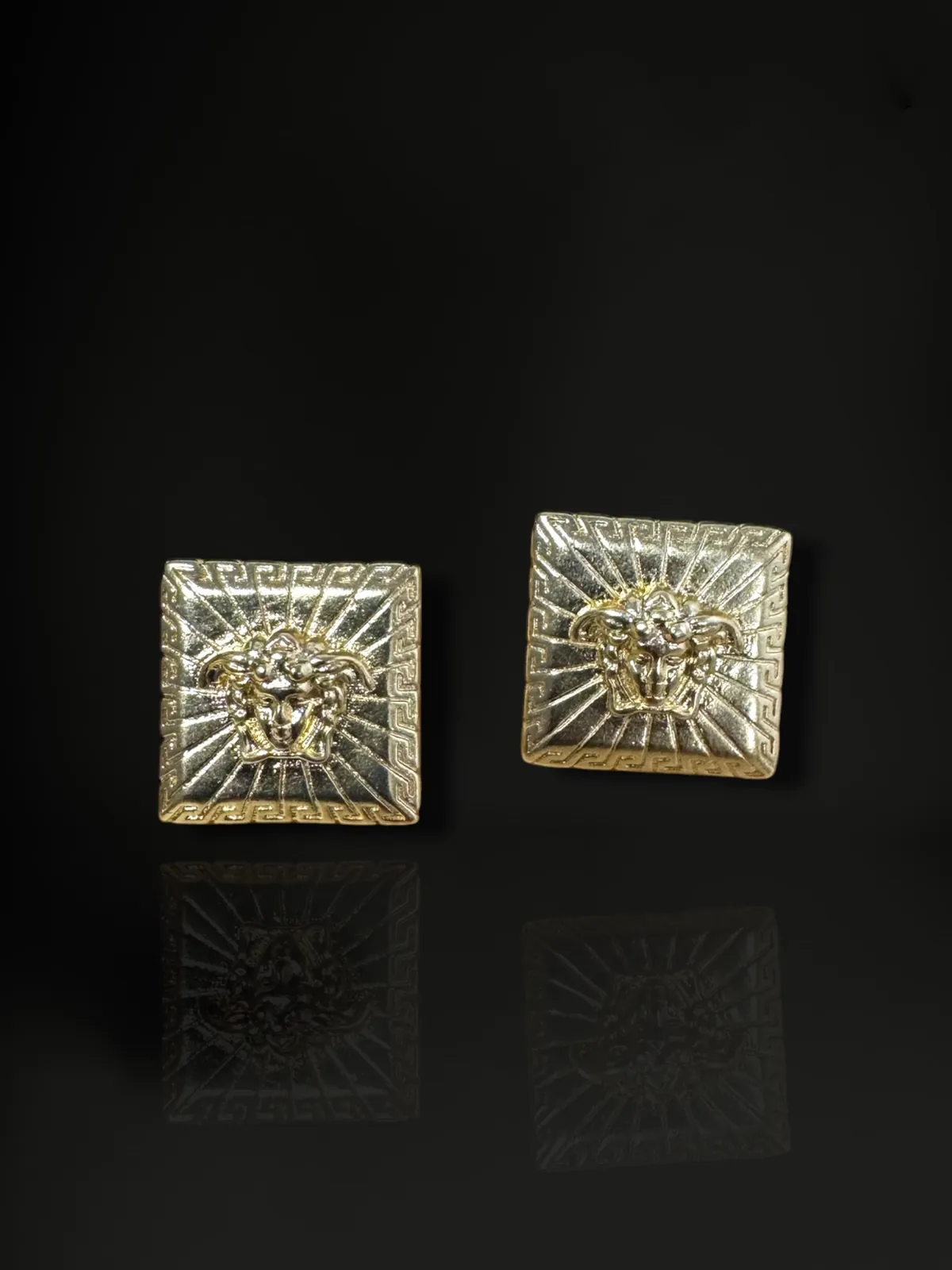 Designer Inspired Medusa Medallion Stud Earrings in 18k Gold Plate