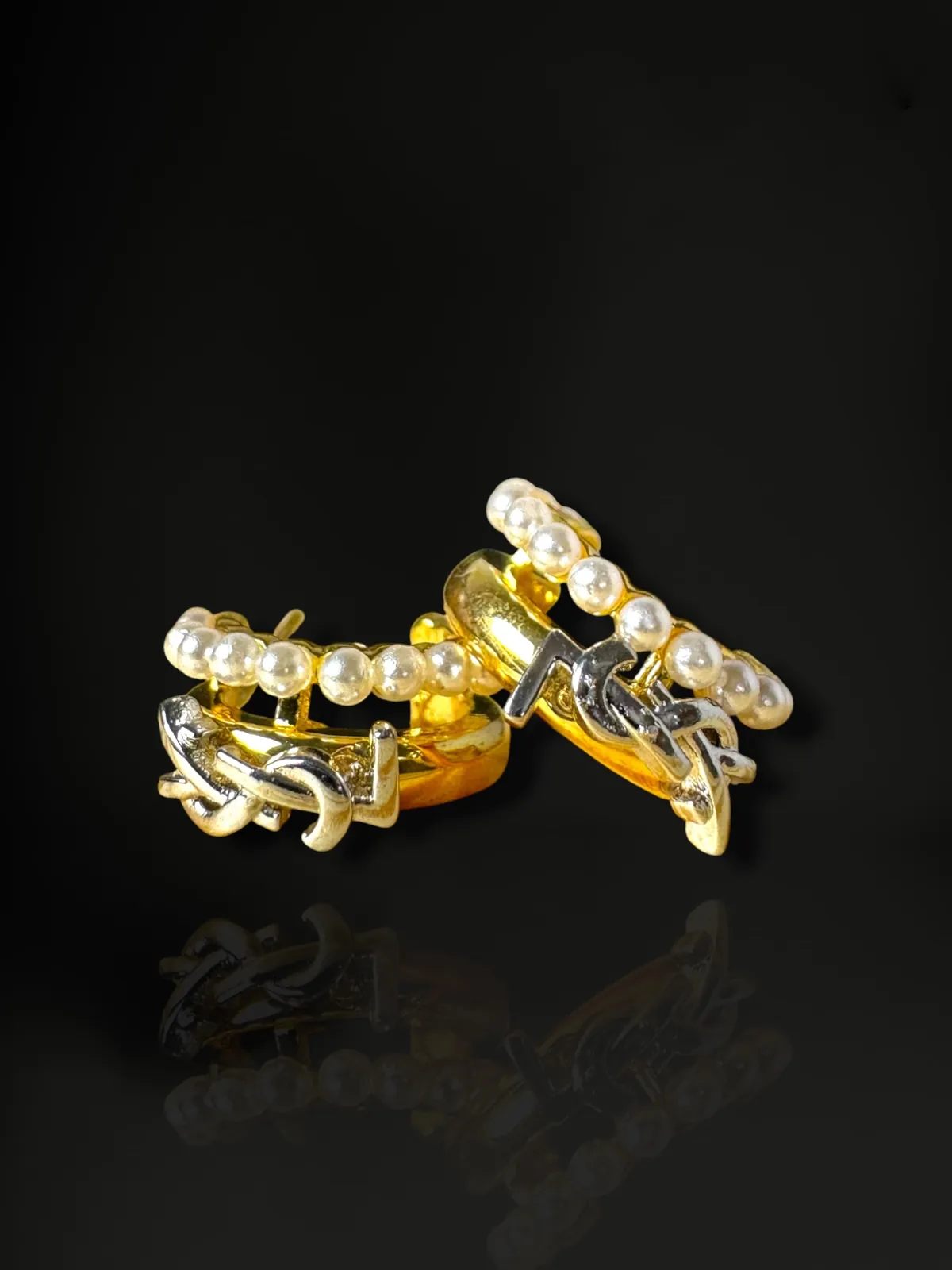 Designer Inspired Pearl Embellished Monogram Huggie Earrings in 18k Gold Plated 