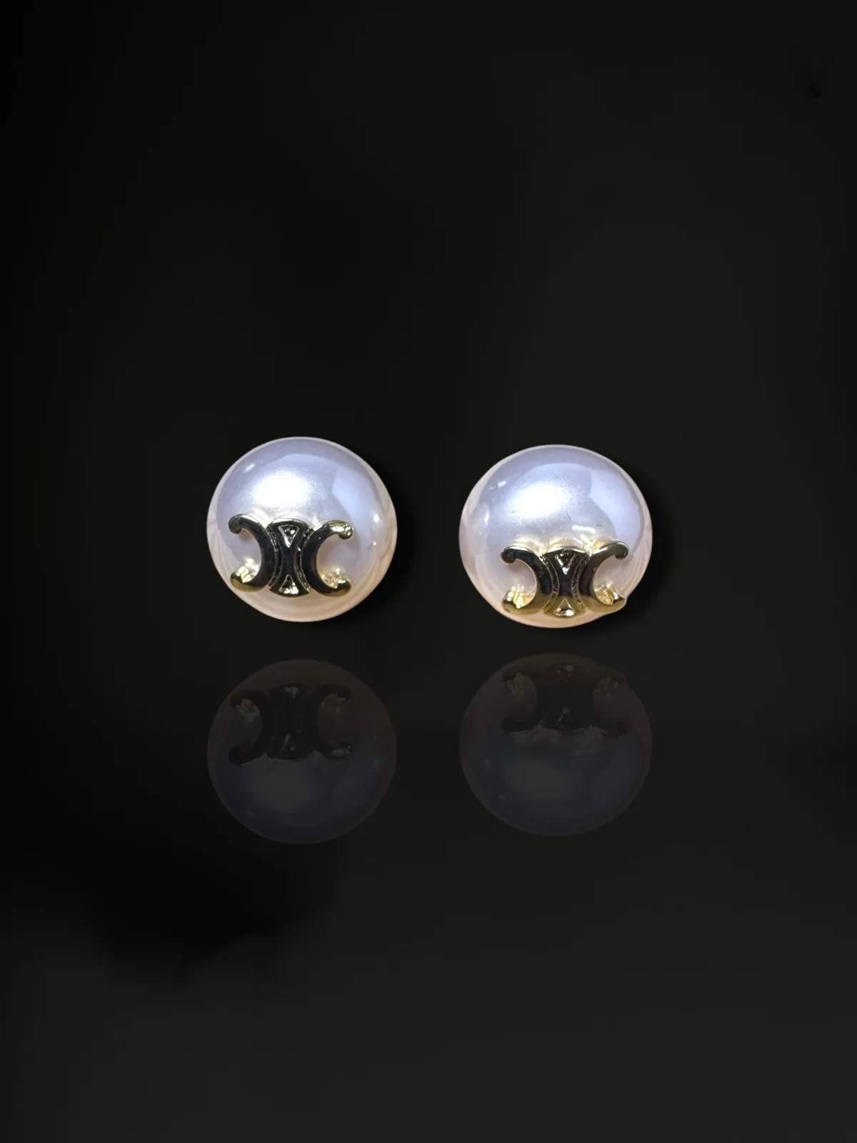 Designer Inspired Pearl Cabochon Monogram Stud Earrings in 18k Gold