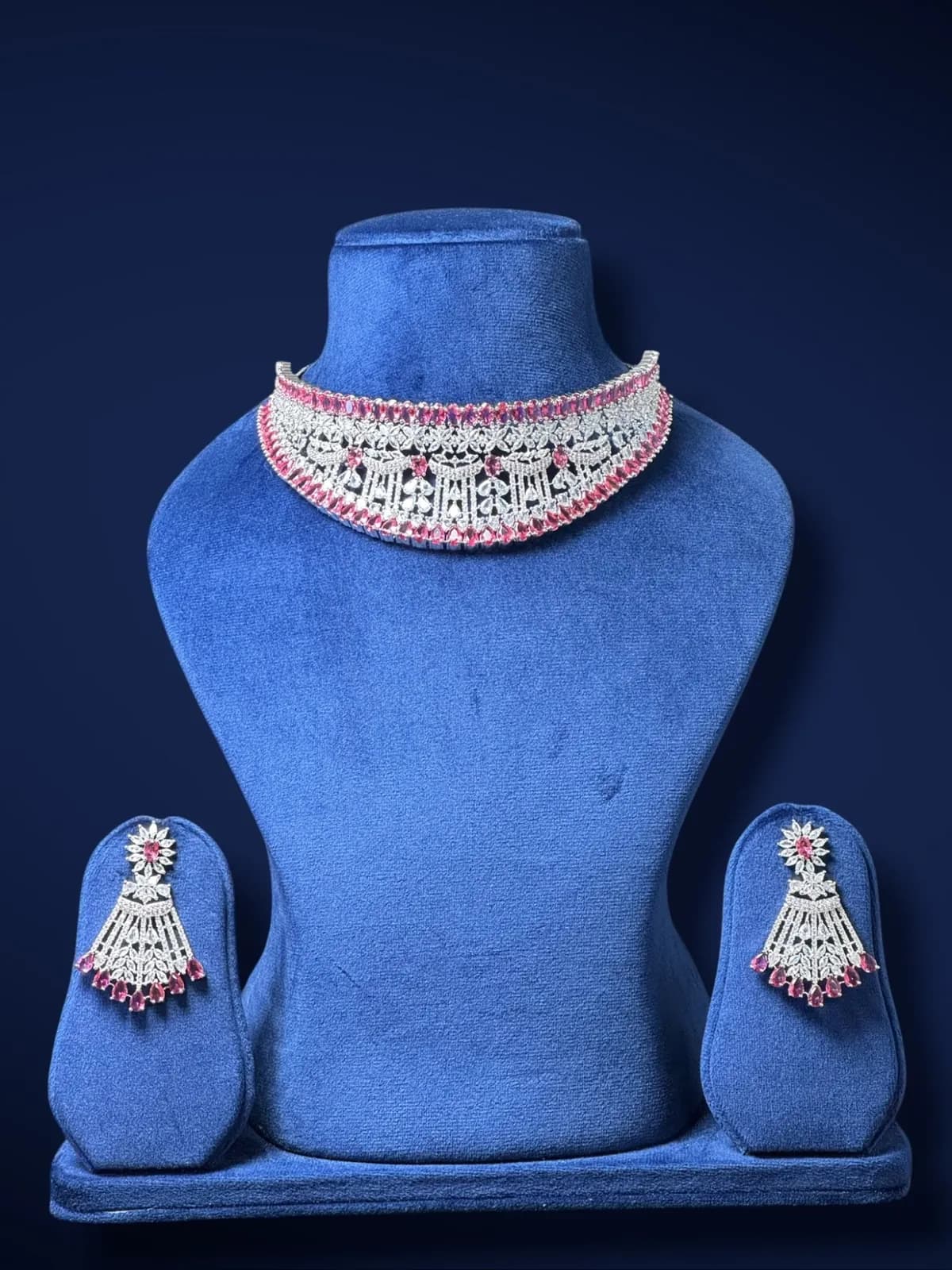 Diamond Finish Statement Choker Necklace Set with Elegant Drop Earrings