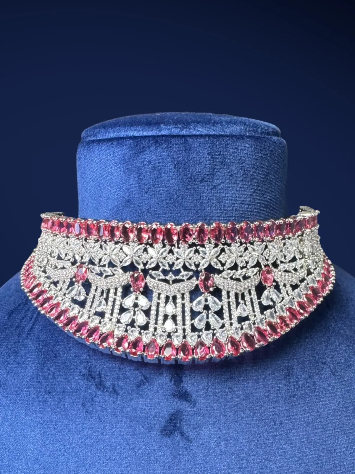 Diamond Finish Statement Choker Necklace Set with Elegant Drop Earrings - View 3