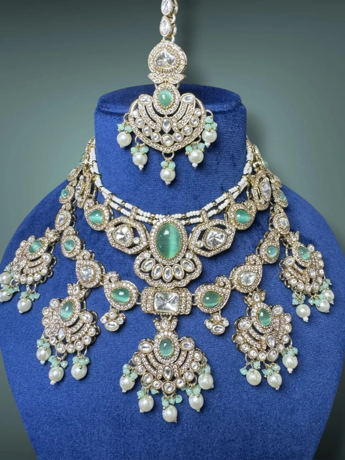 Bridal Kundan Polki Layered Necklace Set with Maang Tikka - View 2