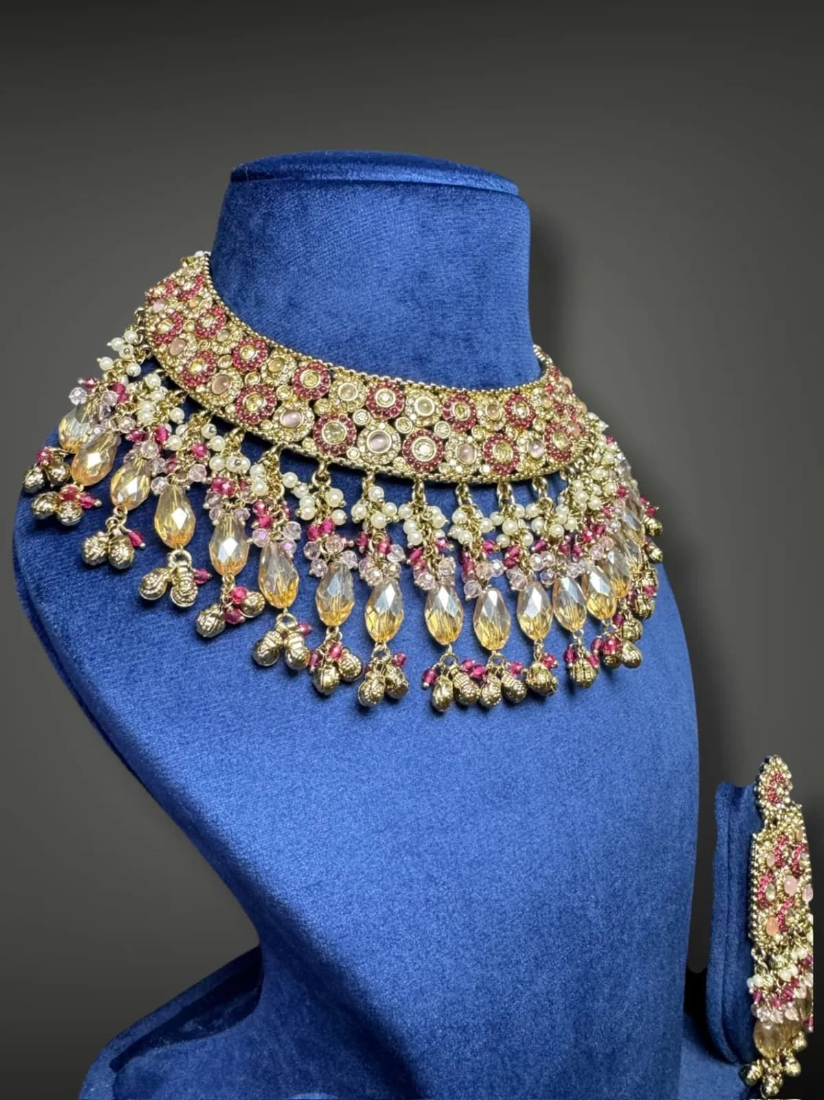 Traditional Kundan Hasli Choker with Pearl Drop Tassel Design - View 4